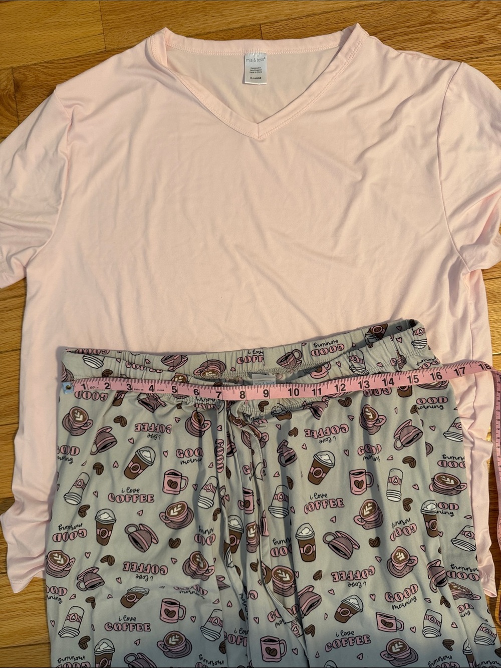 Mia & Tess Women’s Light Pink V-Neck Pajama Top with Coffee-Print Pajama Pants